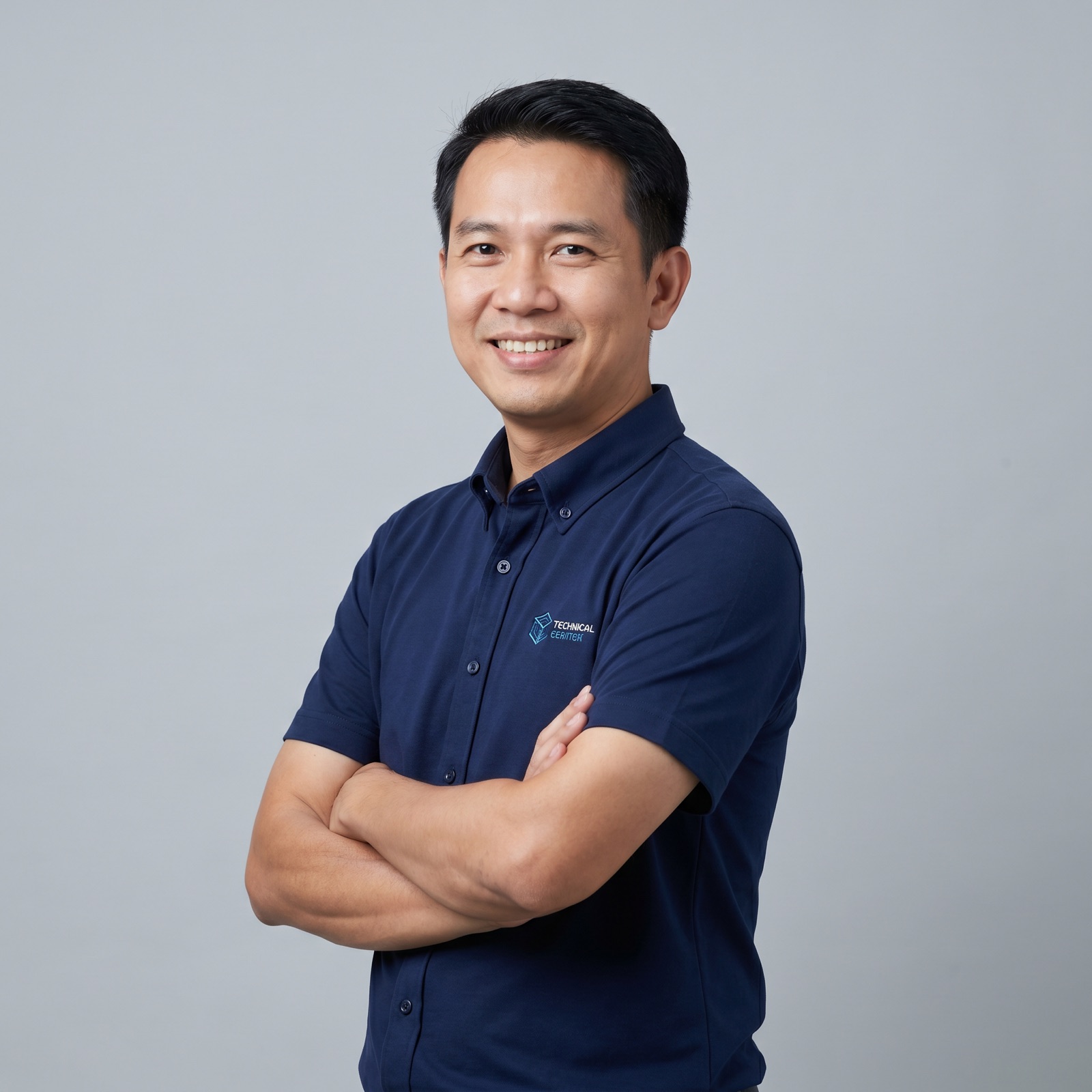 พี่แมว วิศวกรประจำบ้าน — ภาพถ่ายจริง ยิ้มกอดอก ใส่เสื้อโปโลสีกรมท่า